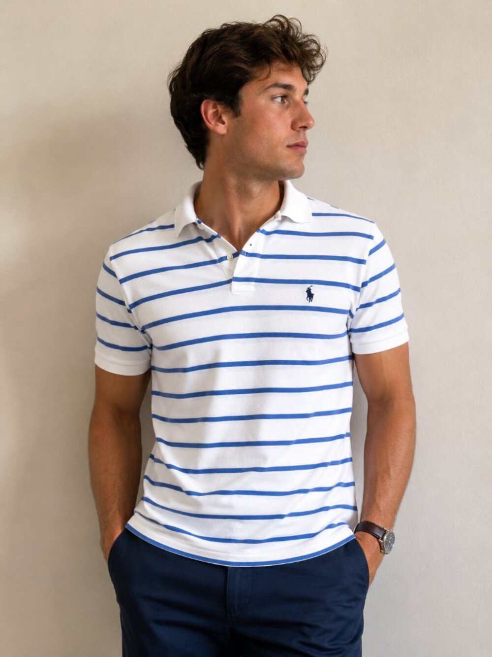 Polo Ralph Lauren Classic Fit Polo Shirt Adult GP White Blue Striped Cotton